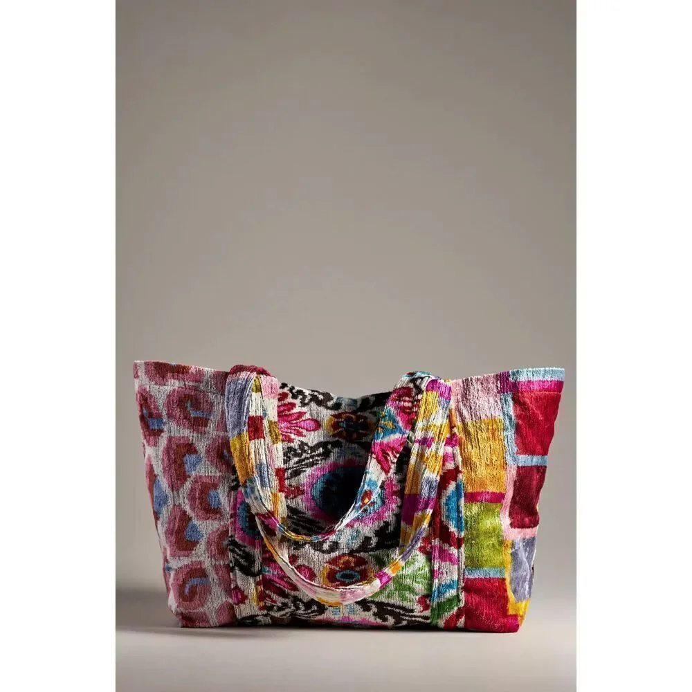 Anthropologie Wolf & Willa Emily Tote Silk Velvet Ikat Tassels NEW